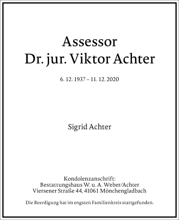 Traueranzeige von Viktor Achter von Frankfurter Allgemeine Zeitung