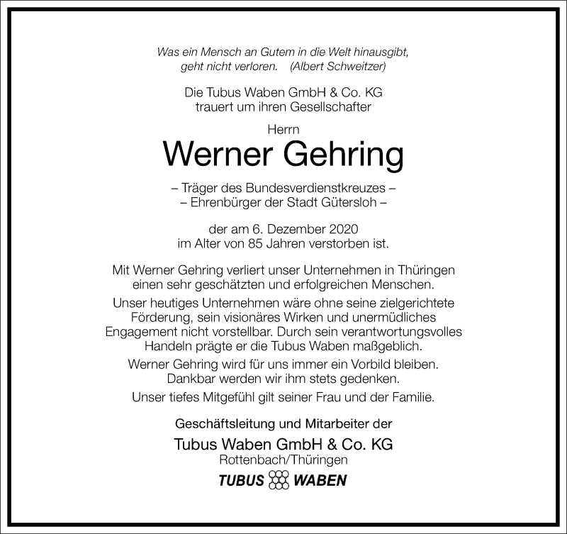  Traueranzeige für Werner Gehring vom 12.12.2020 aus Frankfurter Allgemeine Zeitung