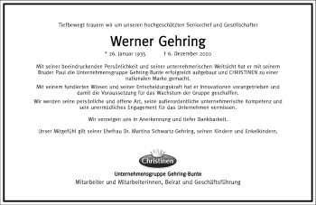 Traueranzeige von Werner Gehring von Frankfurter Allgemeine Zeitung