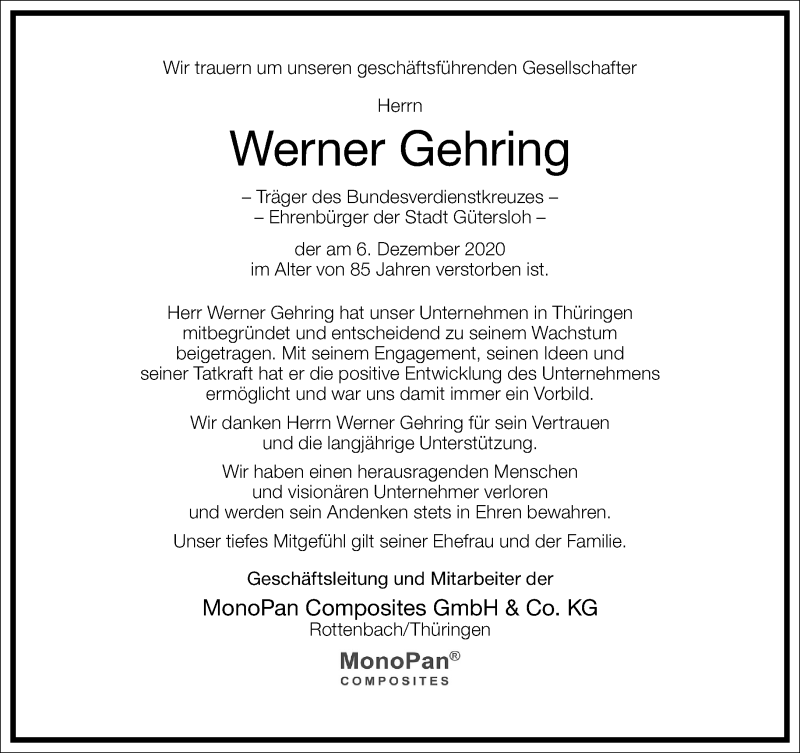  Traueranzeige für Werner Gehring vom 12.12.2020 aus Frankfurter Allgemeine Zeitung