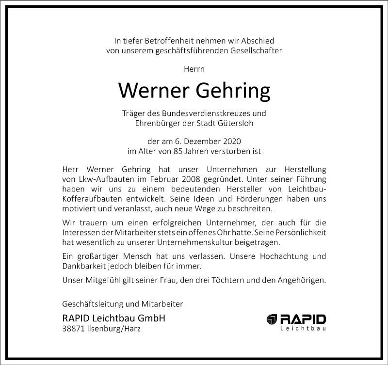  Traueranzeige für Werner Gehring vom 12.12.2020 aus Frankfurter Allgemeine Zeitung