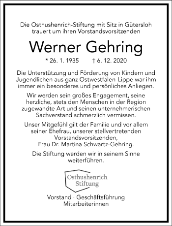 Traueranzeige von Werner Gehring von Frankfurter Allgemeine Zeitung