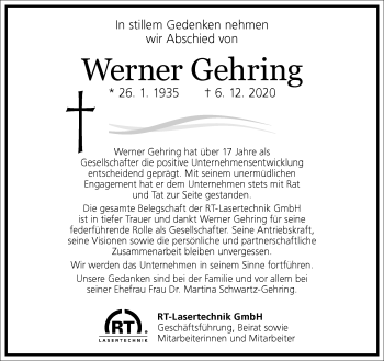 Traueranzeige von Werner Gehring von Frankfurter Allgemeine Zeitung