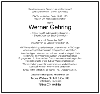 Traueranzeige von Werner Gehring von Frankfurter Allgemeine Zeitung