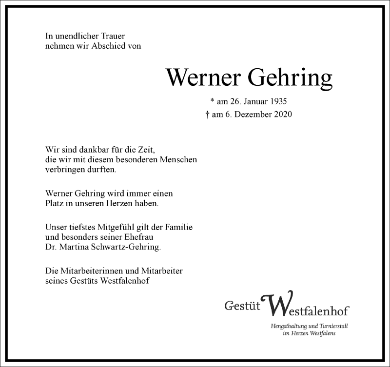  Traueranzeige für Werner Gehring vom 12.12.2020 aus Frankfurter Allgemeine Zeitung