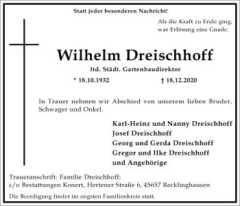 Traueranzeige von Wilhelm Dreischhoff von Frankfurter Allgemeine Zeitung