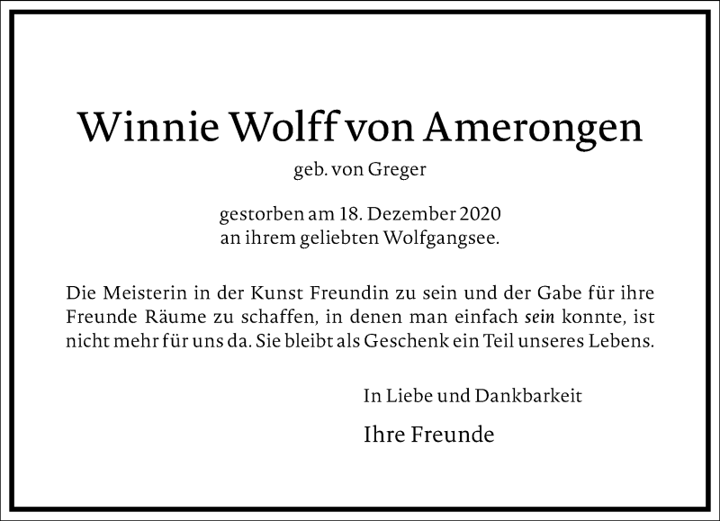 Traueranzeigen Von Winnie Wolff Von Amerongen Frankfurter Allgemeine Lebenswege