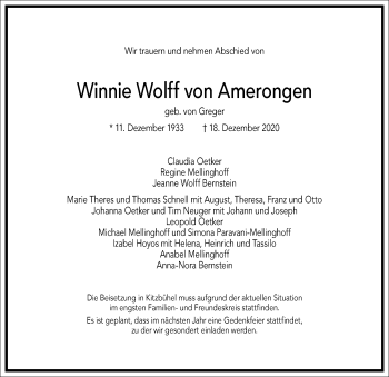 Traueranzeige von Winnie Wolff von Amerongen von Frankfurter Allgemeine Zeitung