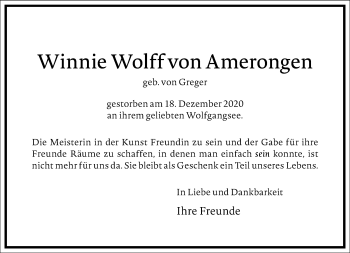 Traueranzeige von Winnie Wolff von Amerongen von Frankfurter Allgemeine Zeitung