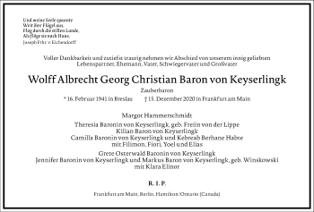 Traueranzeige von Wolff Albrecht Georg Christian Baron von Keyserlingk von Frankfurter Allgemeine Zeitung