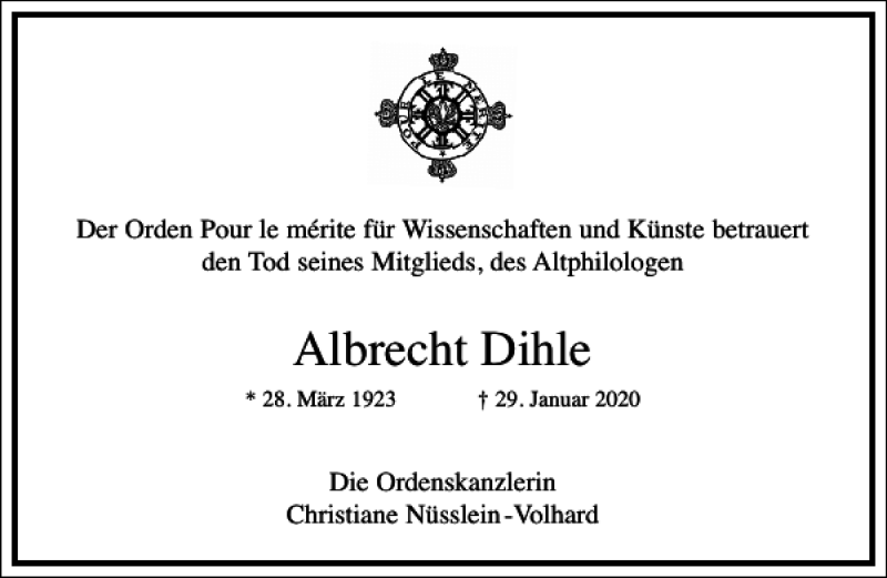  Traueranzeige für Albrecht Dihle vom 07.02.2020 aus Frankfurter Allgemeine Zeitung