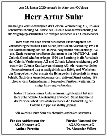 Traueranzeige von Artur Suhr von Frankfurter Allgemeine Zeitung