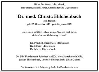 Traueranzeige von Christa Hilchenbach von Frankfurter Allgemeine Zeitung