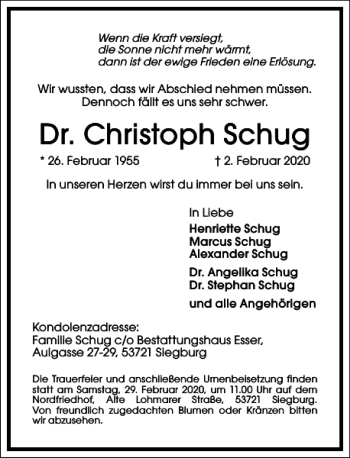 Traueranzeige von Christoph Schug von Frankfurter Allgemeine Zeitung