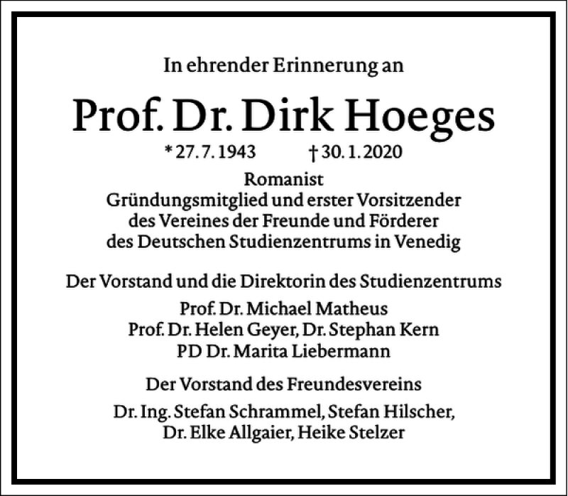  Traueranzeige für Dirk Hoeges vom 08.02.2020 aus Frankfurter Allgemeine Zeitung
