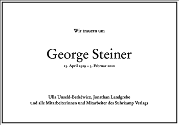 Traueranzeige von George Steiner von Frankfurter Allgemeine Zeitung