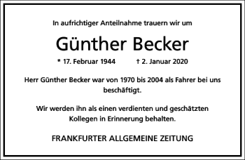 Traueranzeige von Günther Becker von Frankfurter Allgemeine Zeitung