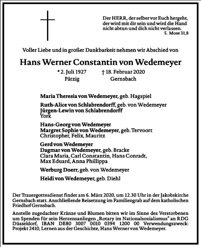  Traueranzeige für Hans Werner Constantin von Wedemeyer vom 22.02.2020 aus Frankfurter Allgemeine Zeitung
