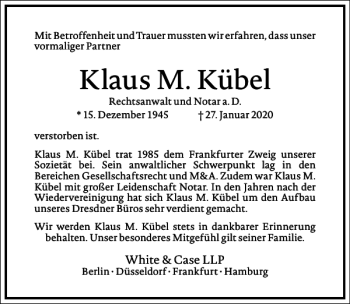 Traueranzeige von Klaus M. Kübel von Frankfurter Allgemeine Zeitung