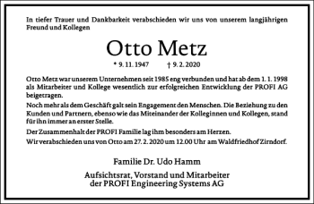 Traueranzeige von Otto Metz von Frankfurter Allgemeine Zeitung