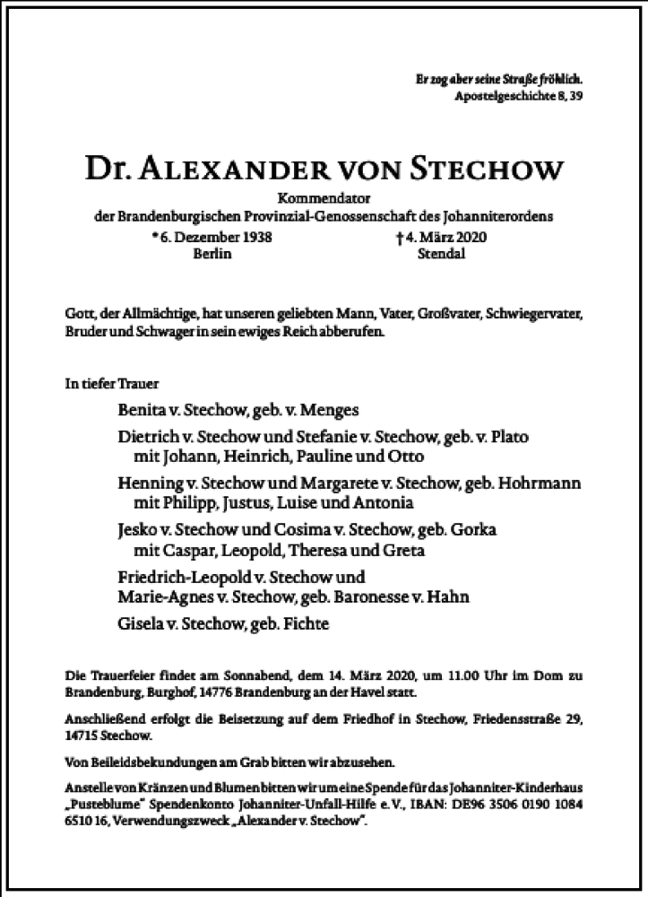  Traueranzeige für Alexander von Stechow vom 12.03.2020 aus Frankfurter Allgemeine Zeitung