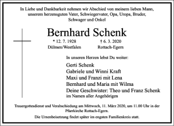 Traueranzeige von Bernhard Schenk von Frankfurter Allgemeine Zeitung