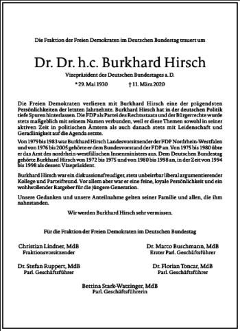 Traueranzeige von Dr. Dr. h. c. Burkhard Hirsch  von Frankfurter Allgemeine Zeitung