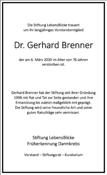 Traueranzeige von Dr. Gerhard Brenner von Frankfurter Allgemeine Zeitung