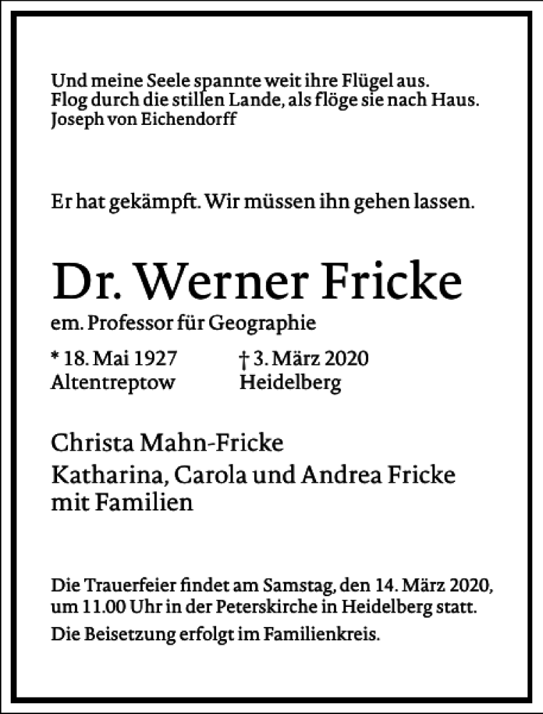  Traueranzeige für Dr. Werner Fricke vom 07.03.2020 aus Frankfurter Allgemeine Zeitung