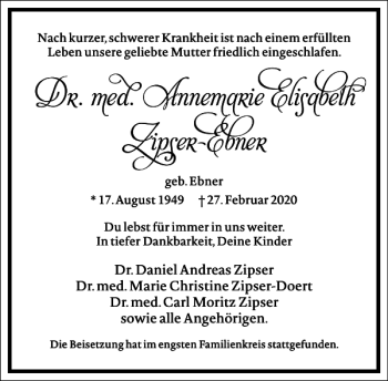 Traueranzeige von Dr. med. Annemarie Elisabeth Zipser-Ebner von Frankfurter Allgemeine Zeitung