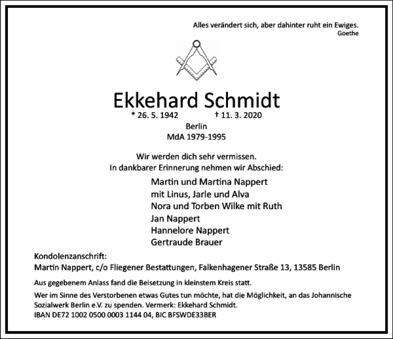  Traueranzeige für Ekkehard Schmidt vom 28.03.2020 aus Frankfurter Allgemeine Zeitung