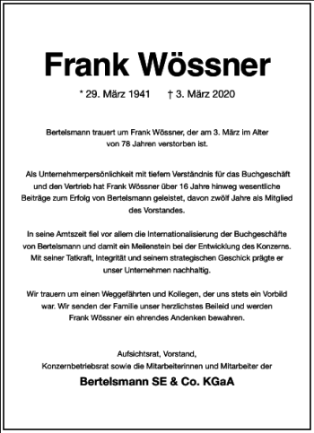 Traueranzeige von Frank Wossner von Frankfurter Allgemeine Zeitung