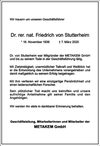 Traueranzeige von Friedrich von Stutterheim von Frankfurter Allgemeine Zeitung