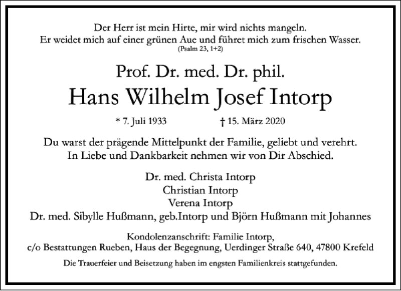  Traueranzeige für Hans Wilhelm Josef Intorp vom 21.03.2020 aus Frankfurter Allgemeine Zeitung