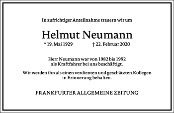 Traueranzeige von Helmut Neumann von Frankfurter Allgemeine Zeitung