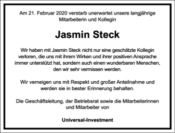 Traueranzeige von Jasmin Steck von Frankfurter Allgemeine Zeitung