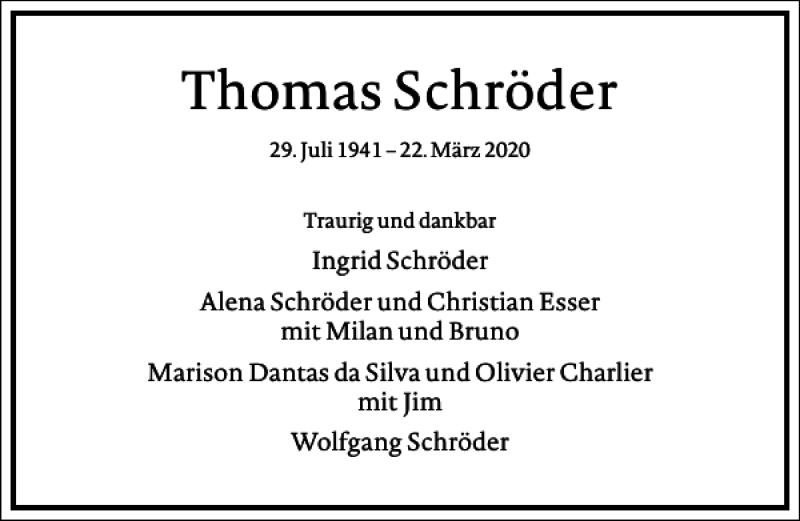  Traueranzeige für Thomas Schröder vom 27.03.2020 aus Frankfurter Allgemeine Zeitung