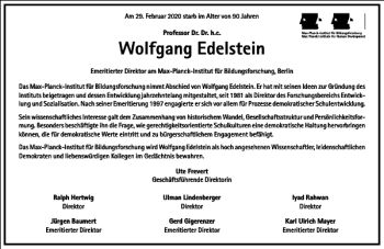 Traueranzeige von Wolfgang Edelstein von Frankfurter Allgemeine Zeitung