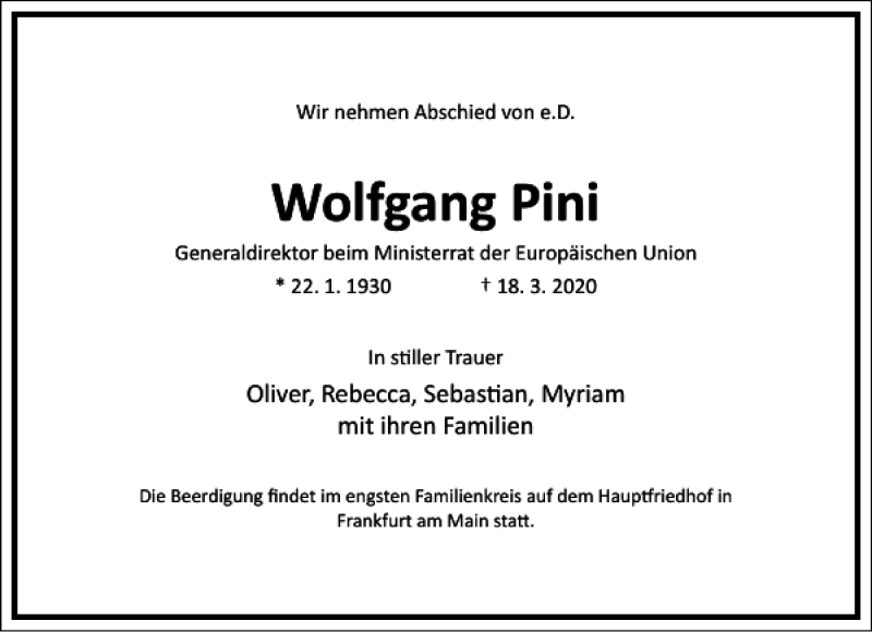  Traueranzeige für Wolfgang Pini vom 25.03.2020 aus Frankfurter Allgemeine Zeitung