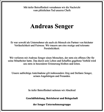 Traueranzeige von Andreas Senger von Frankfurter Allgemeine Zeitung