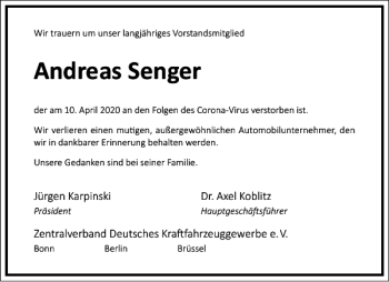 Traueranzeige von Andreas Senger von Frankfurter Allgemeine Zeitung