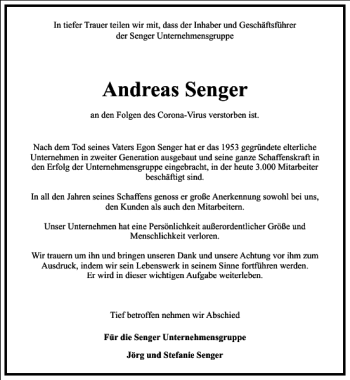 Traueranzeige von Andreas Senger von Frankfurter Allgemeine Zeitung