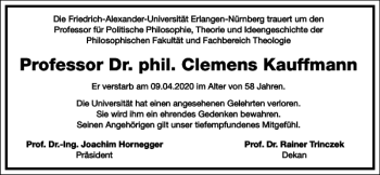 Traueranzeige von Clemens Kauffmann von Frankfurter Allgemeine Zeitung