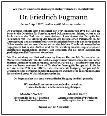 Traueranzeige von Dr. Friedrich Fugmann von Frankfurter Allgemeine Zeitung