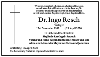 Traueranzeige von Dr. Ingo Resch von Frankfurter Allgemeine Zeitung