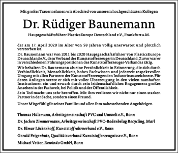 Traueranzeige von Dr. Rüdiger Baunemann von Frankfurter Allgemeine Zeitung