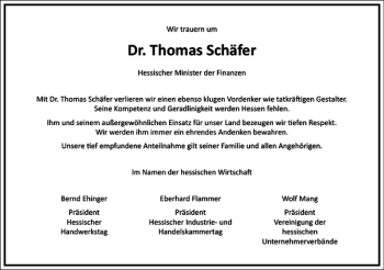 Traueranzeige von Dr. Thomas Schäfer von Frankfurter Allgemeine Zeitung