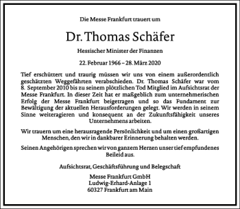 Traueranzeige von Dr. Thomas Schäfer von Frankfurter Allgemeine Zeitung