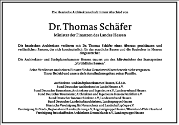 Traueranzeige von Dr. Thomas Schäfer von Frankfurter Allgemeine Zeitung