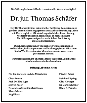 Traueranzeige von Dr. jur. Thomas Schäfer von Frankfurter Allgemeine Zeitung